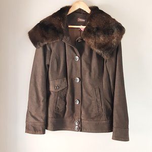 Danier Women's Brown Leather Aviator Winter Jacket, Removable Faux Fur Collar, L